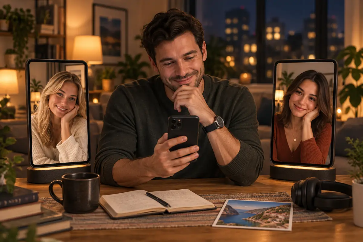 Adult man exploring conversation ideas with fictional AI companions