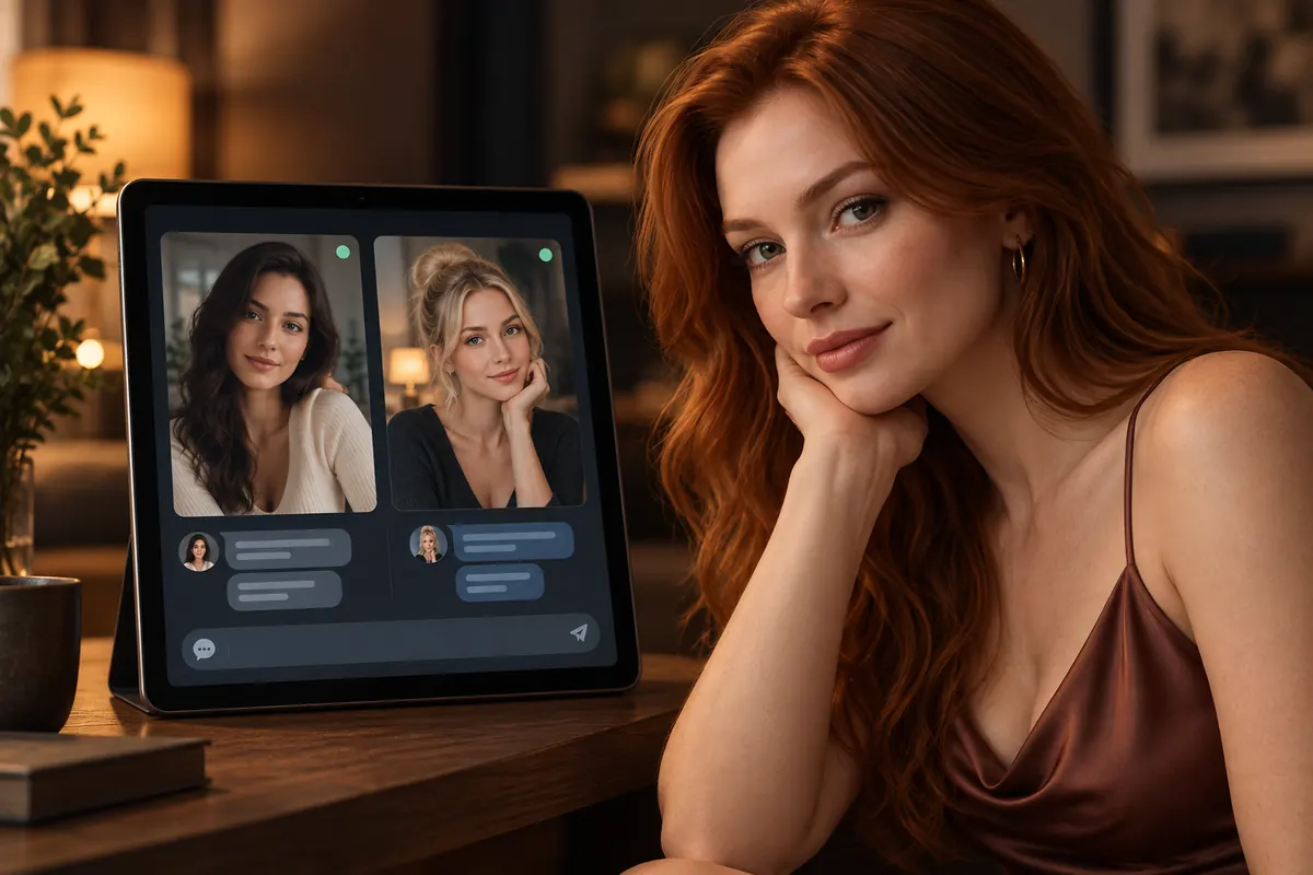 Adult woman beside a tablet showing fictional AI chat profiles